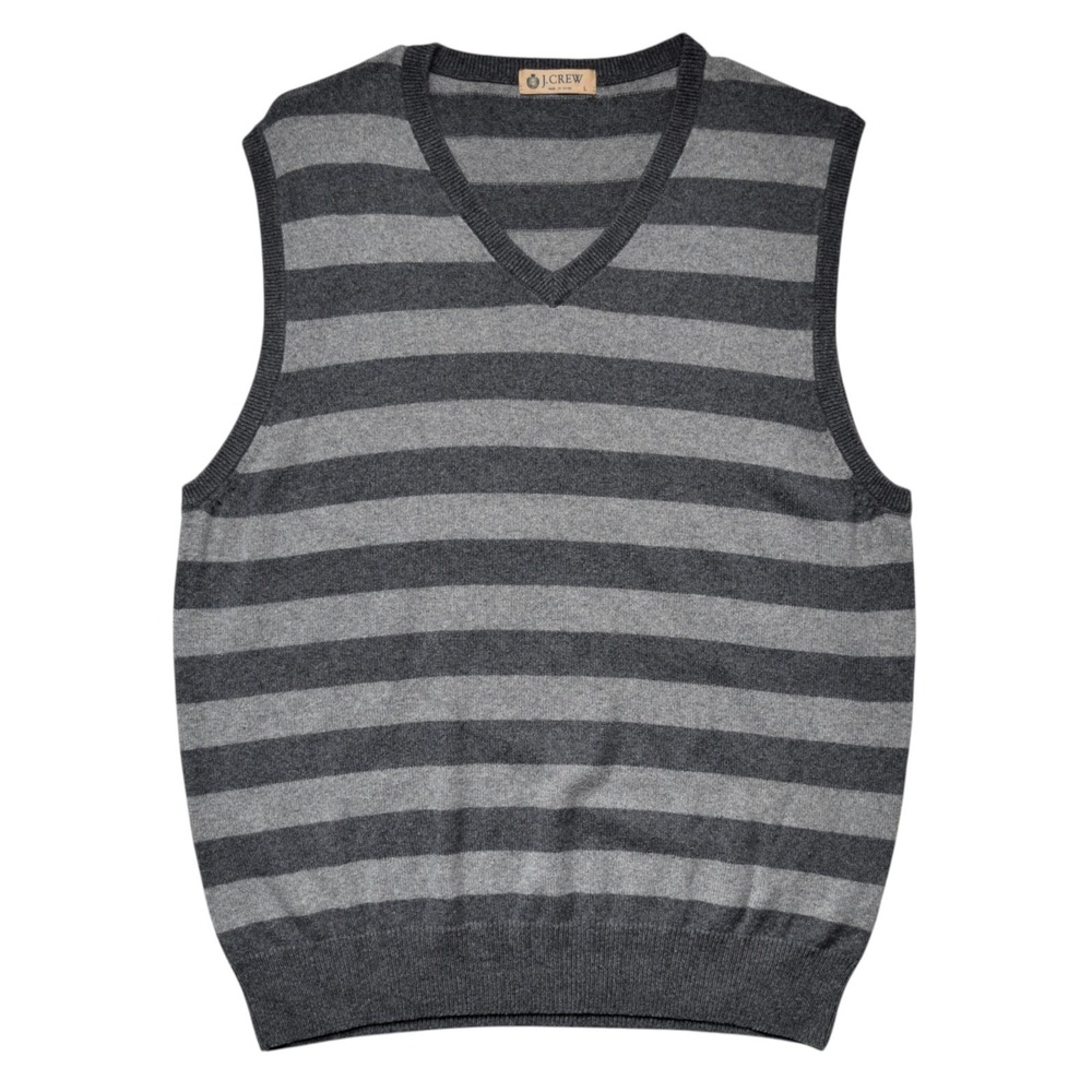 J‎ Crew Sweater Vest Mens Large Tonal Gray Stripe V-Neck Cotton Cashmere Blend